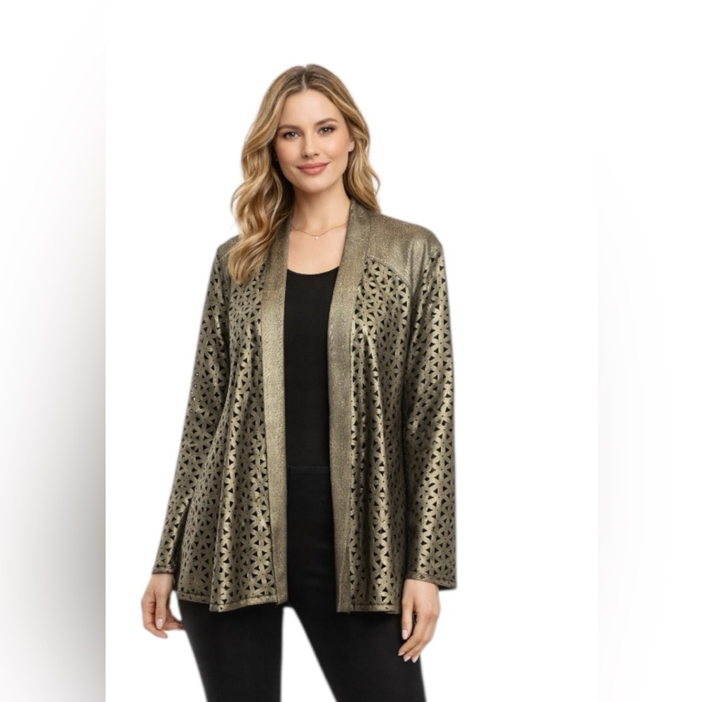 Grayse Gold Laser Cut Open Front Blazer Jacket Size M